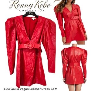 Ronny Kobo Women's Red Giulia Vegan Faux Leather Dress Puff Sleeve Belted Mini M